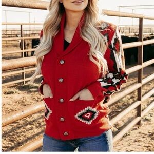 Women's Red Southwestern Button-Up Cardigan with Patterned Sleeves